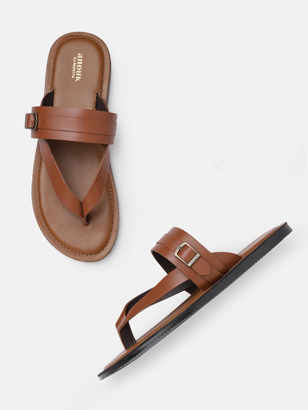 

Anouk Men Tan Brown Solid Handcrafted Comfort Sandals with Buckle Detail