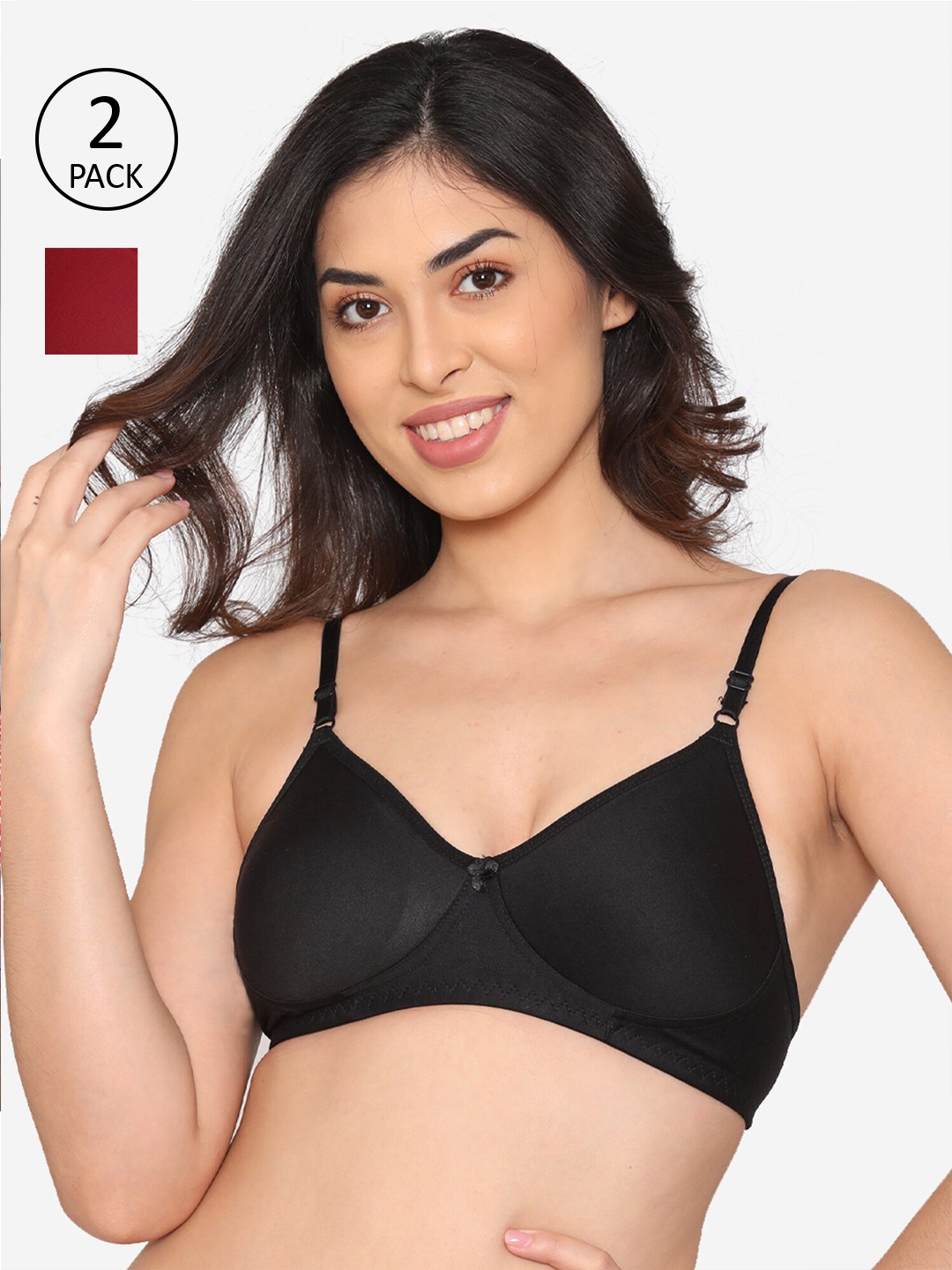 

Kalyani Pack of 2 Cotton Non-Padded Wire Free T-shirt Bra, Black