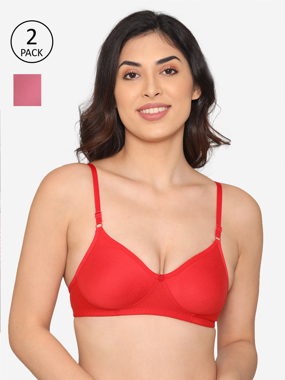 

Kalyani Pack Of 2 Cotton Non-Padded Wire Free T-shirt Bra, Red