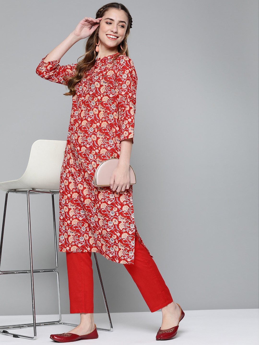 HERE&NOW Women Red & Coral Orange Ethnic Print Kurta with Trousers