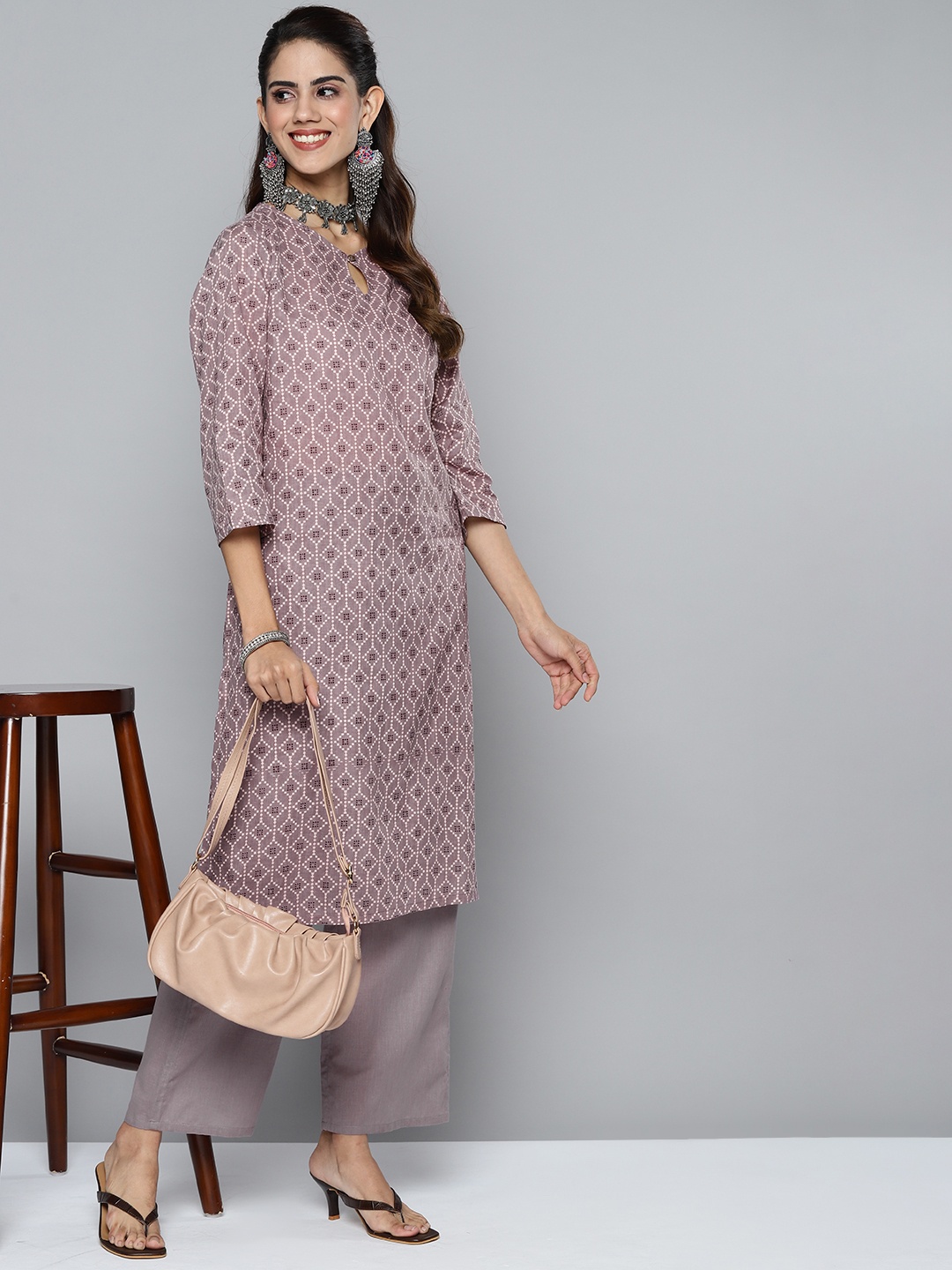 

HERE&NOW Women Mauve & Grey Printed Regular Kurta with Palazzos