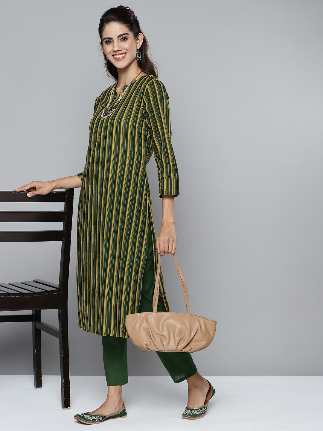 

HERE&NOW Women Green & Yellow Striped Regular Pure Cotton Kurta with Trousers