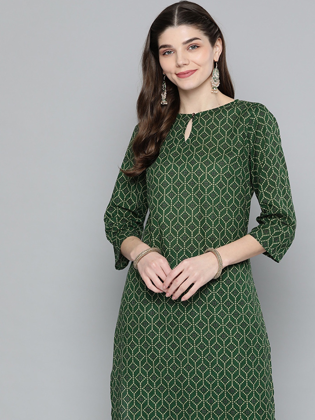 

HERE&NOW Women Green Ethnic Motifs Printed Pure Cotton Kurta with Trousers