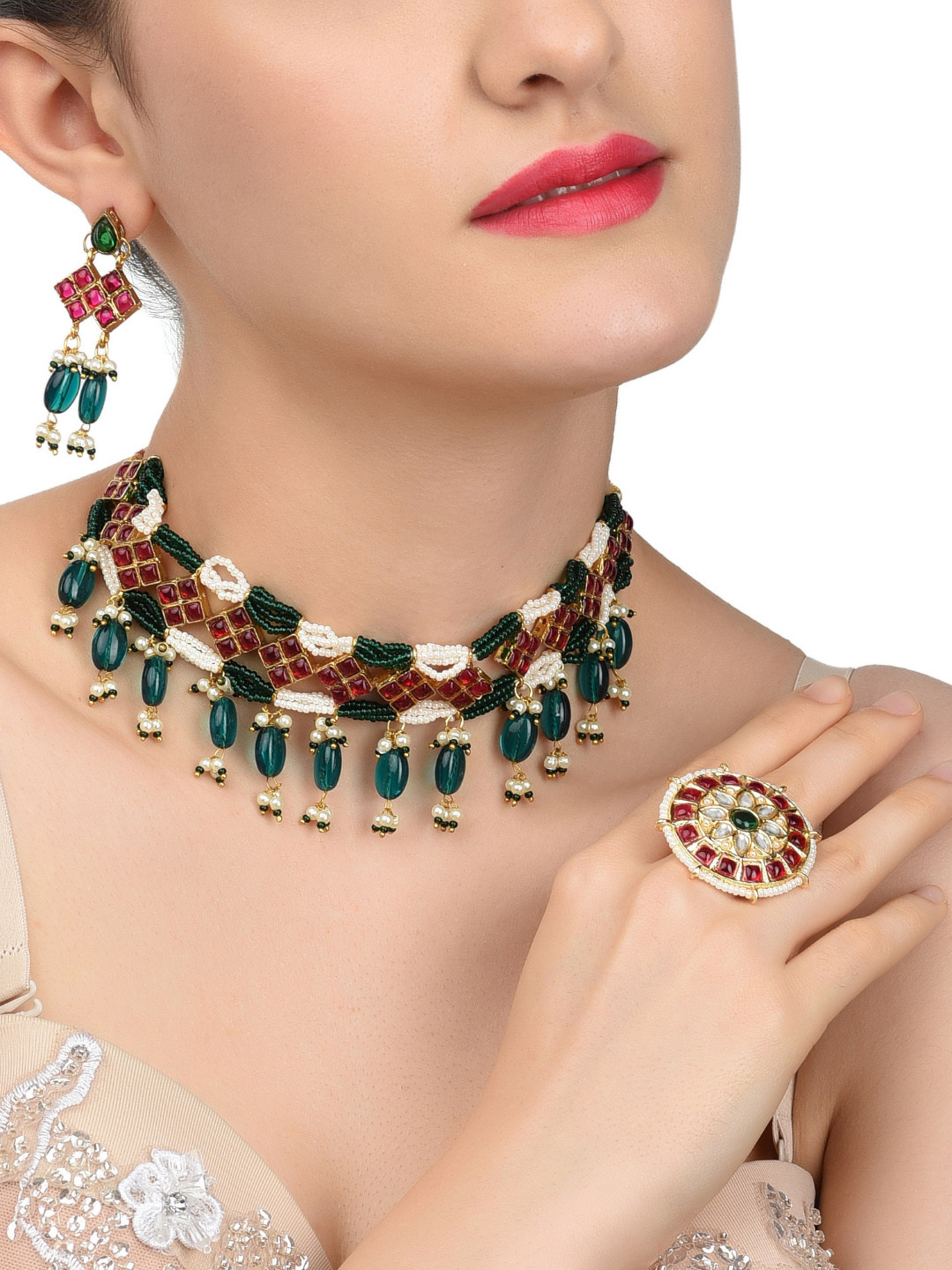 

Zaveri Pearls Glod Plated Pink & Green Kundan Studded & Pearl Beaded Jewellery Set, Gold