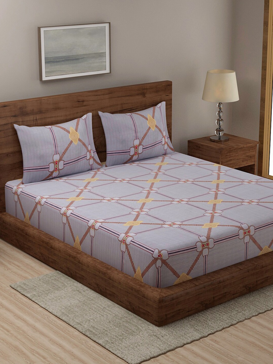 

TAG 7 Purple & Grey Geometric 144 TC 2 King Bedsheet with 4 Pillow Covers