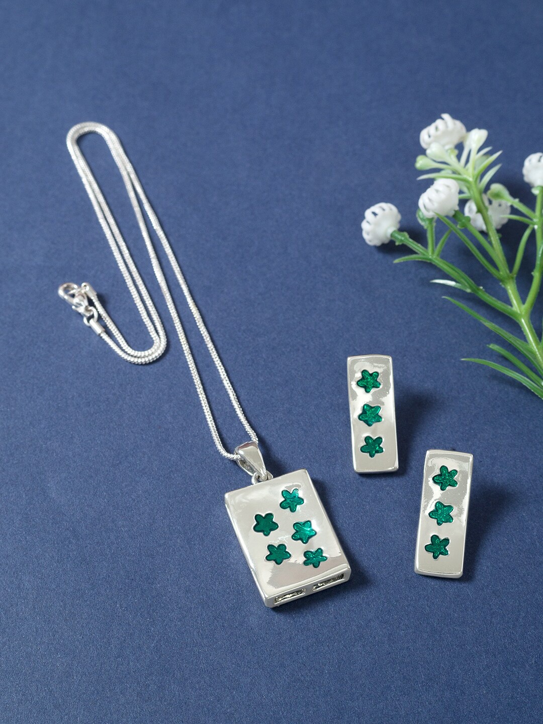 

Golden Peacock Silver-Toned & Green Rectangular Shaped Jewellery Set