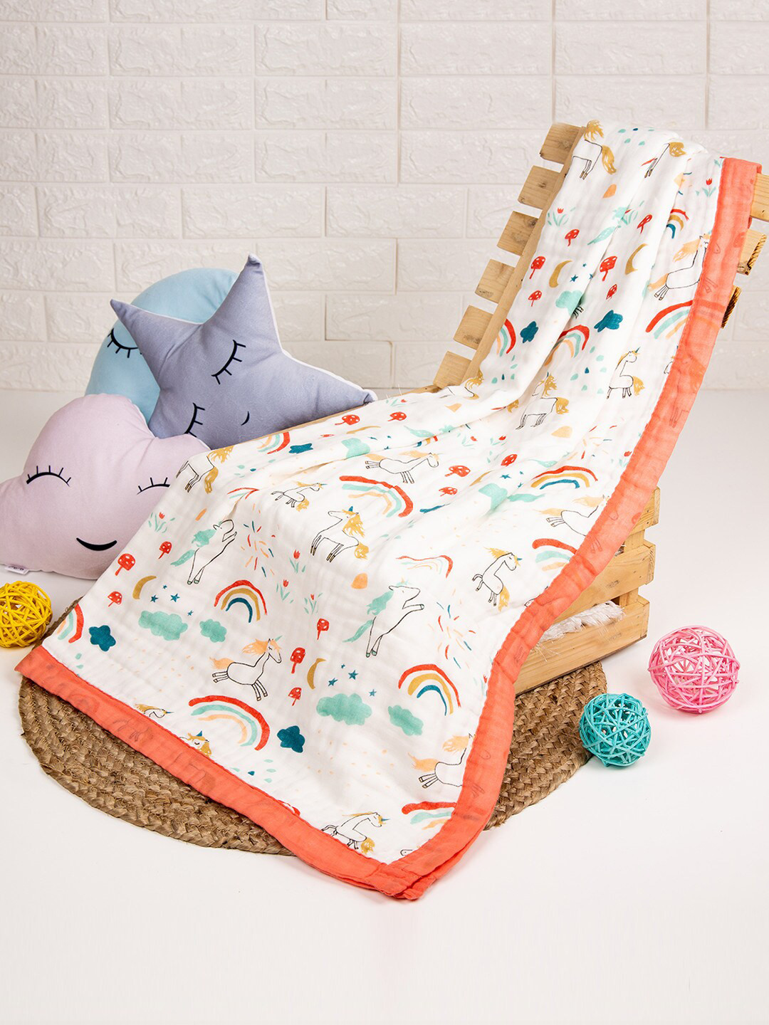 

Moms Home White & Orange Mild Winter 210 GSM Organic Cotton 6 Layer Single Bed Blanket