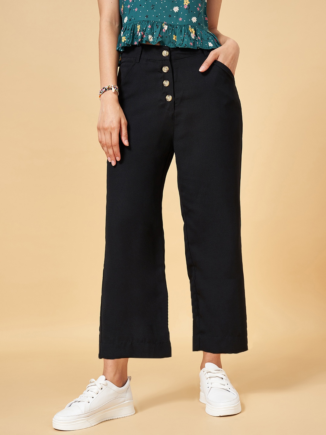 

People Women Black High-Rise Culottes Trousers