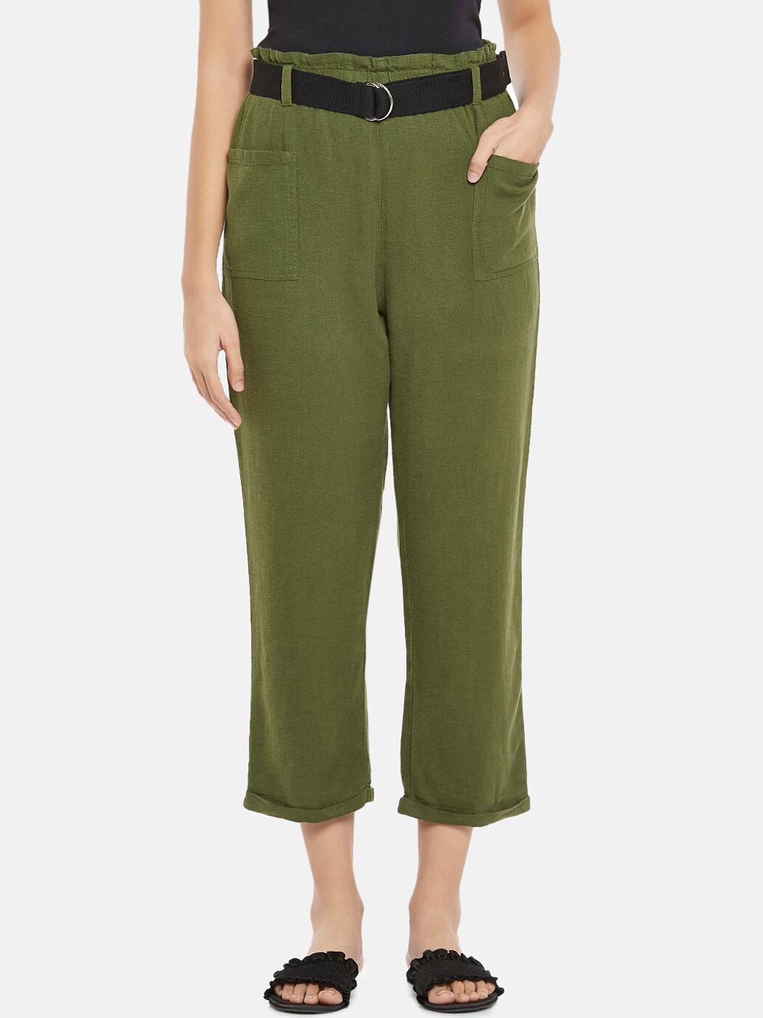 

People Women Olive Green Peg Trousers