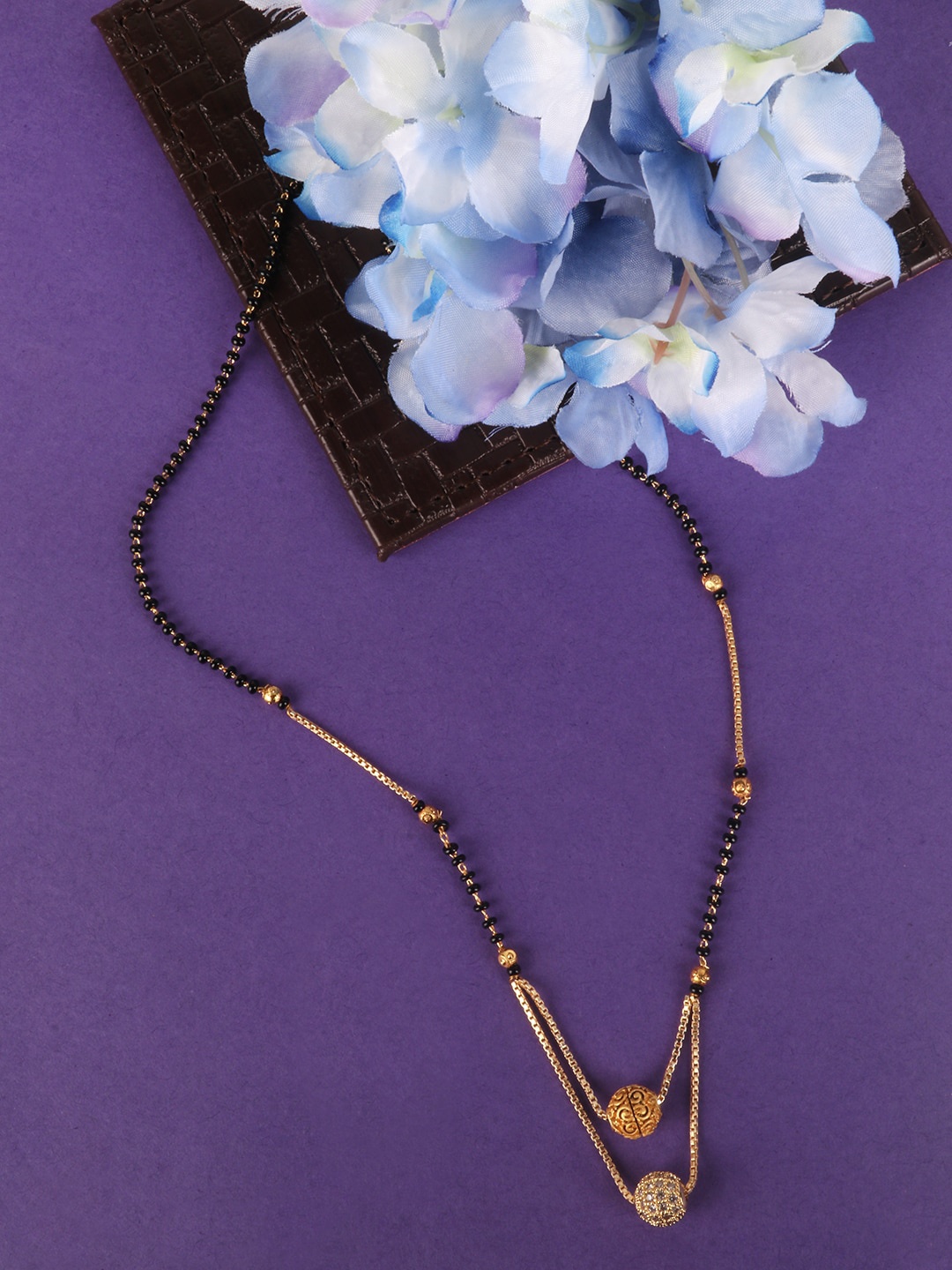 

PENNY JEWELS Gold-Plated Black & White AD-Studded & Beaded Mangalsutra