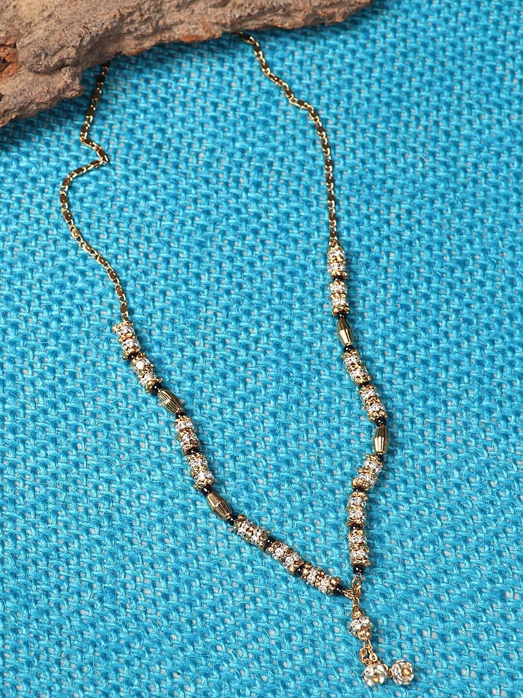 

PENNY JEWELS Gold Plated White AD Studded & Black Beaded Mangalsutra