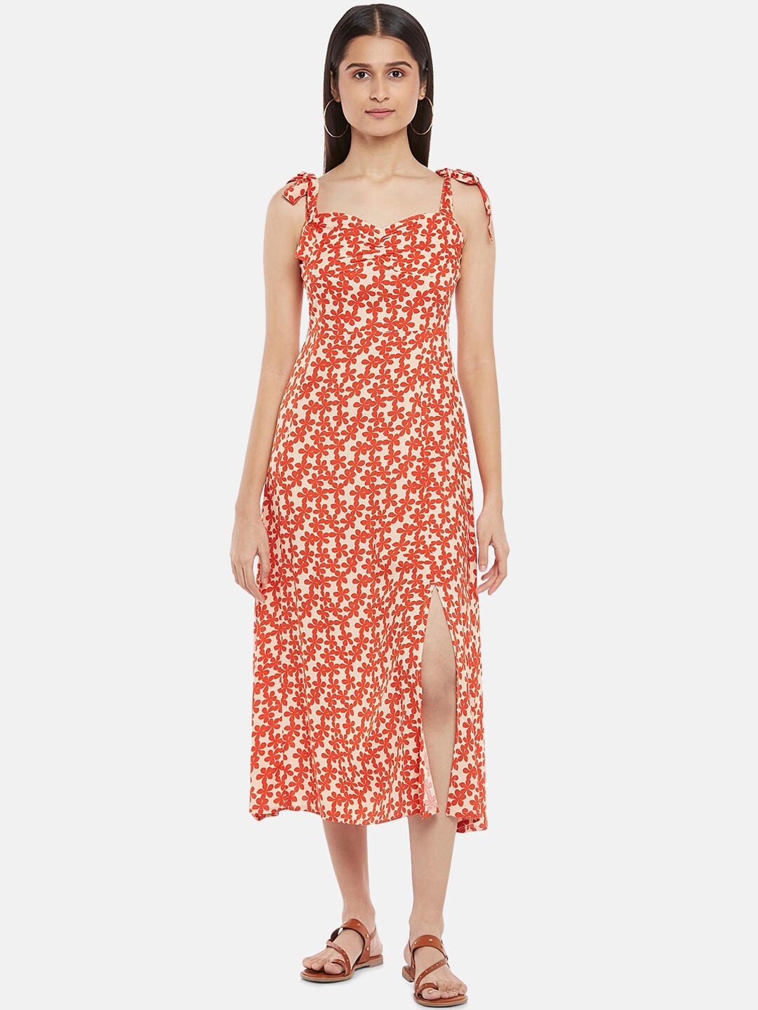 

People Red & Beige Floral A-Line Midi Dress