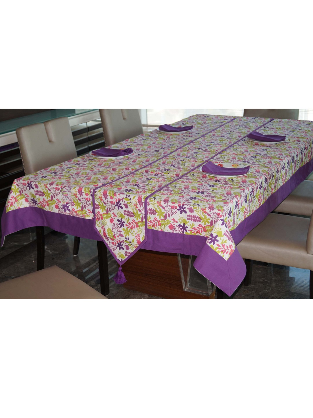 

Lushomes Multi Printed 12 Seater Table Linen Set Table Cloth+1 Runner+12 Napkins, White