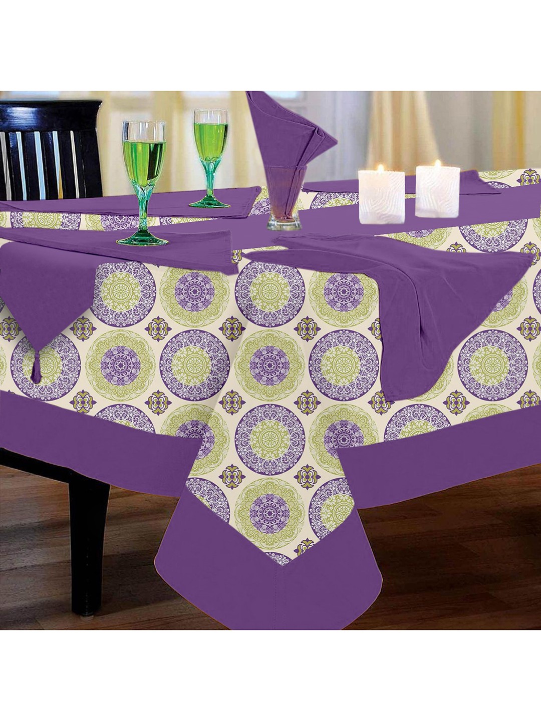 

Lushomes Purple & Green Printed 4 Seater Set Of Table Cloth With Runner & 4 Napkins