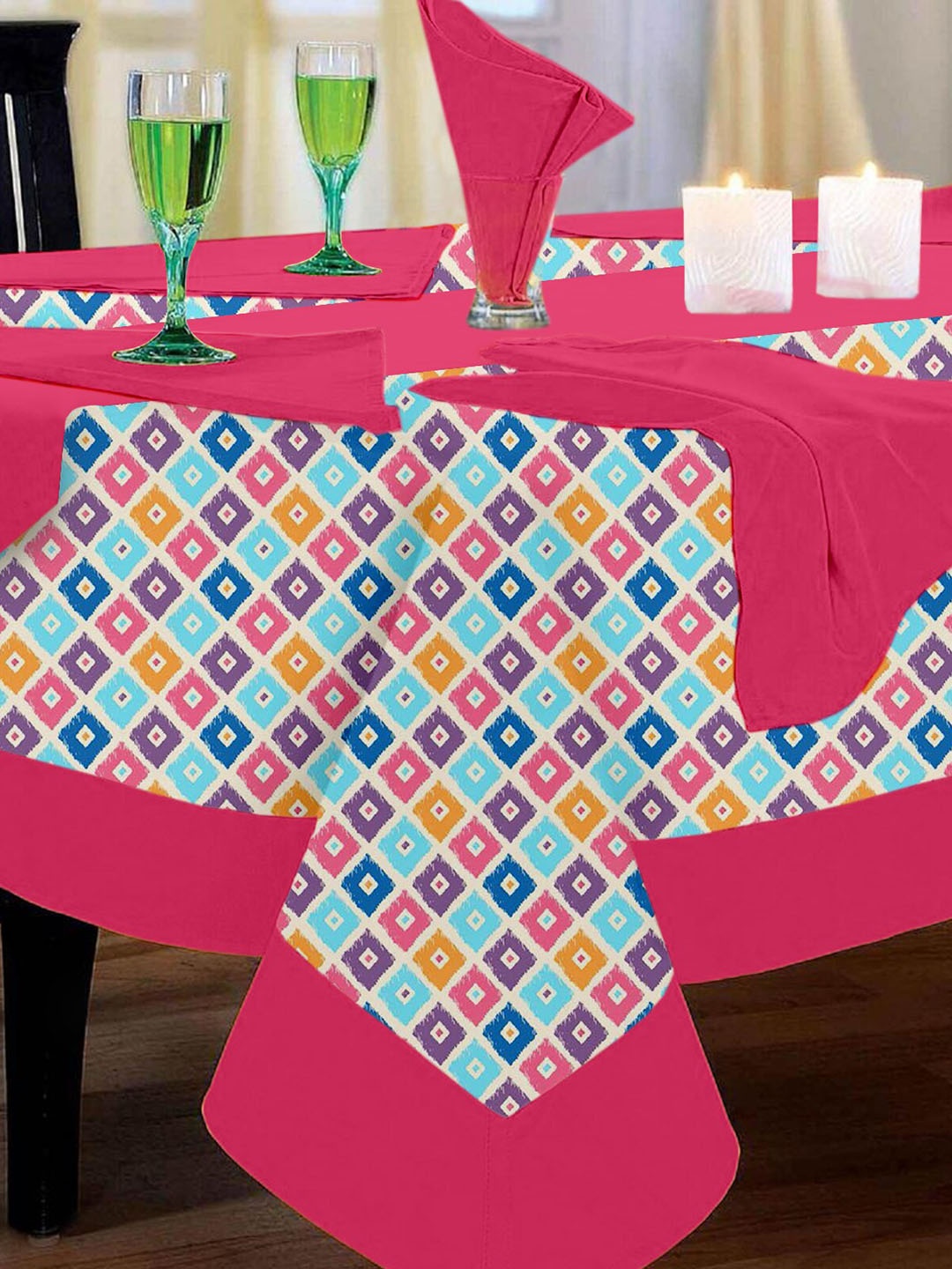 

Lushomes Pink & Blue Printed 4 Seater Set Of Table Cloth With Runner & 4 Napkins, Red