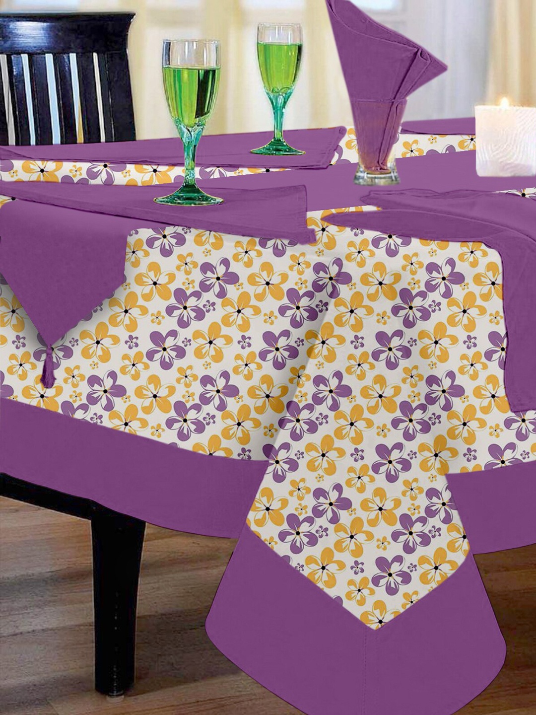 

Lushomes Purple 8 Pieces Floral Printed 4 Seater Regular Table Linen Set, Multi