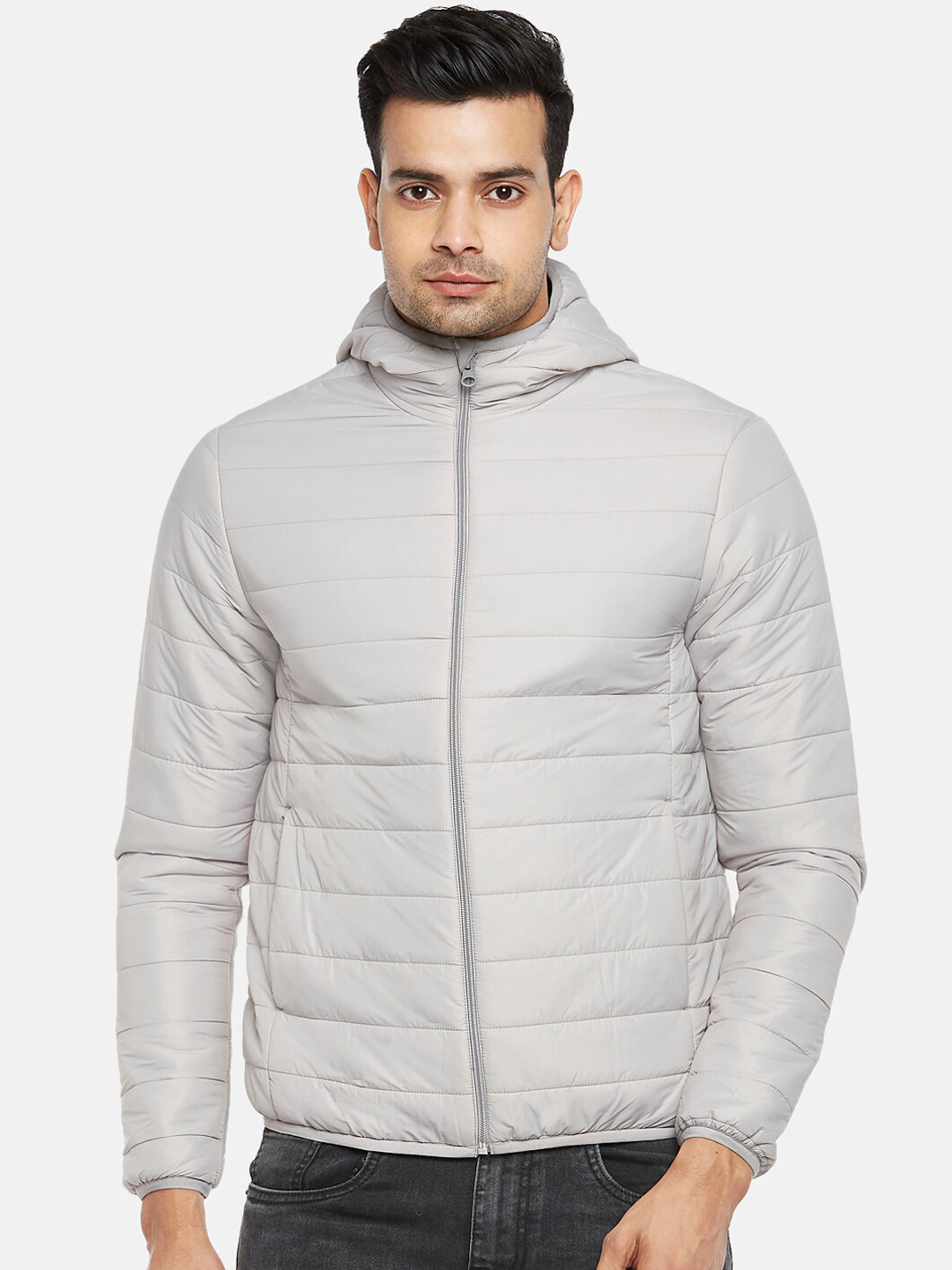 

People Men Grey Hooded Bomber Jacket