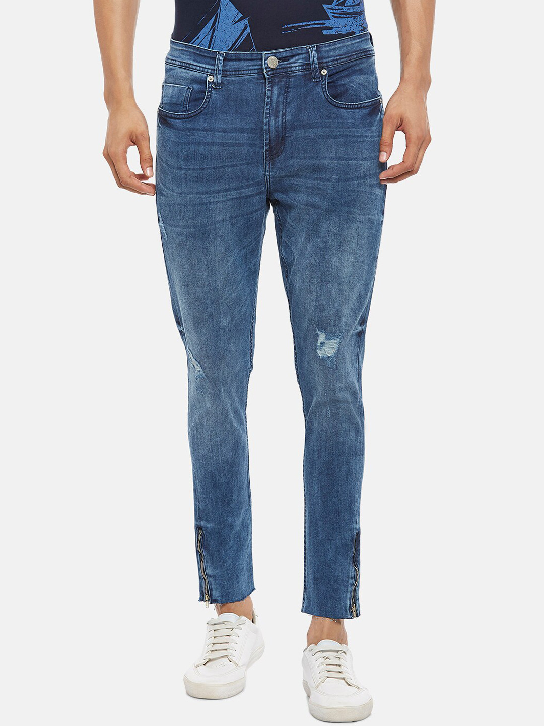 

People Men Blue Skinny Fit Mildly Distressed Heavy Fade Cropped Jeans
