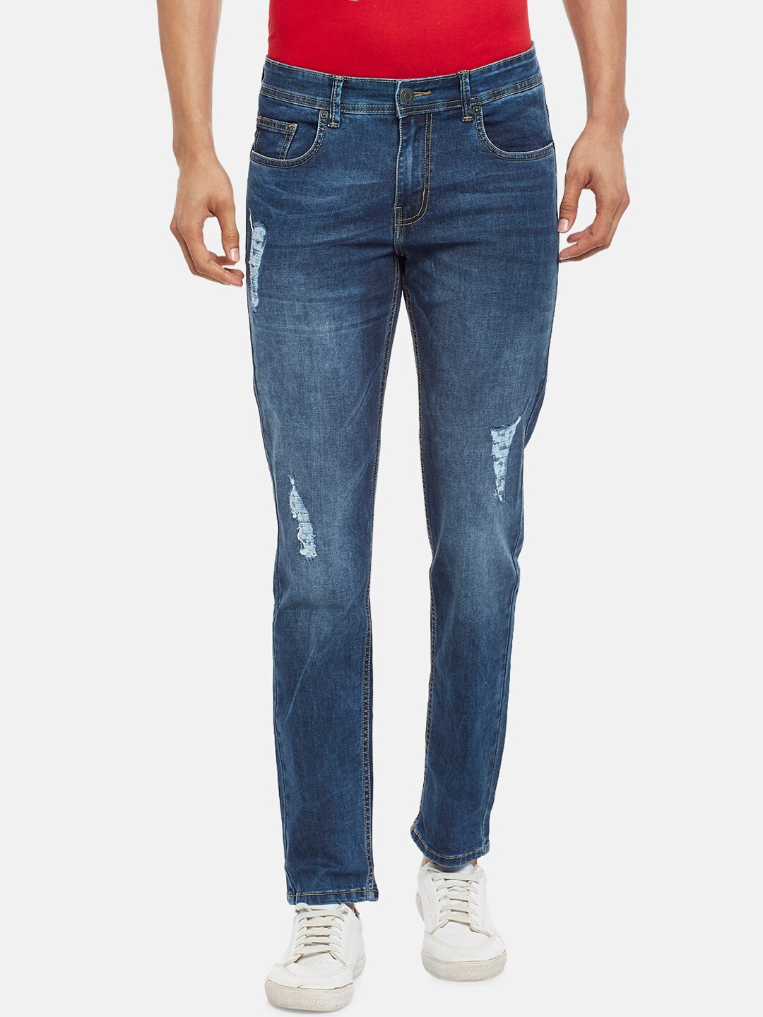 

People Men Blue Slim Fit Low Distress Light Fade Jeans