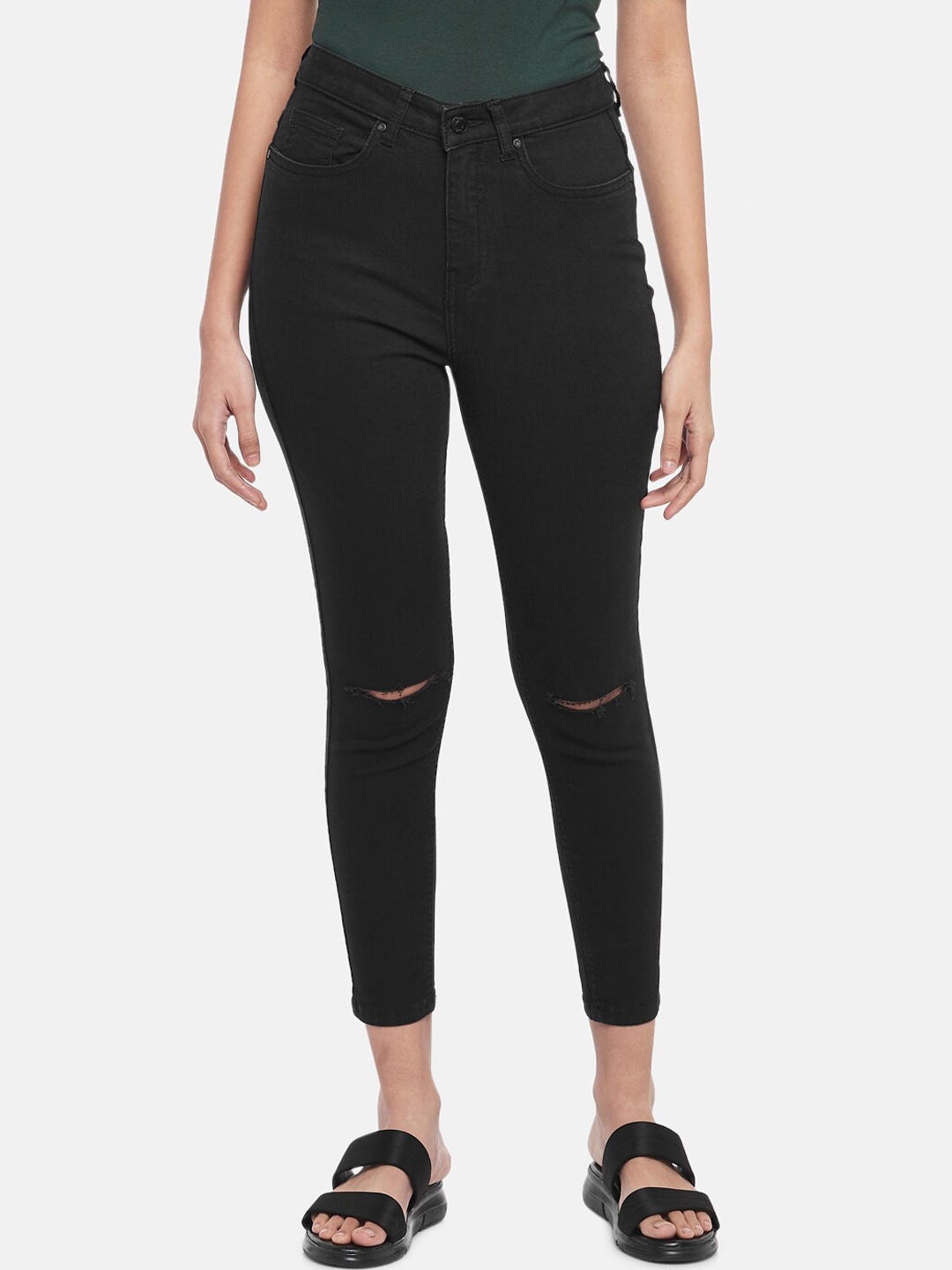 

People Women Black Skinny Fit Slash Knee Jeans