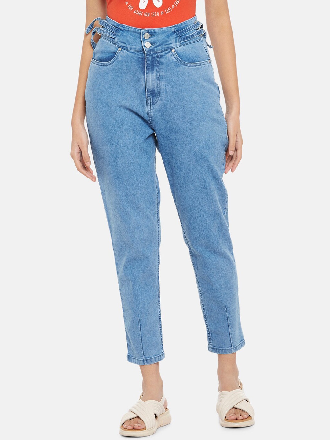 

People Women Blue Tapered Fit High-Rise Light Fade Jeans