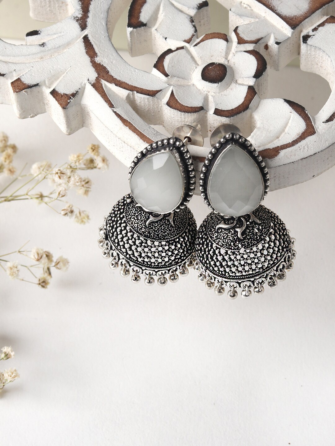 

TEEJH Silver-Plated Black Oxidised Dome Shaped Jhumkas