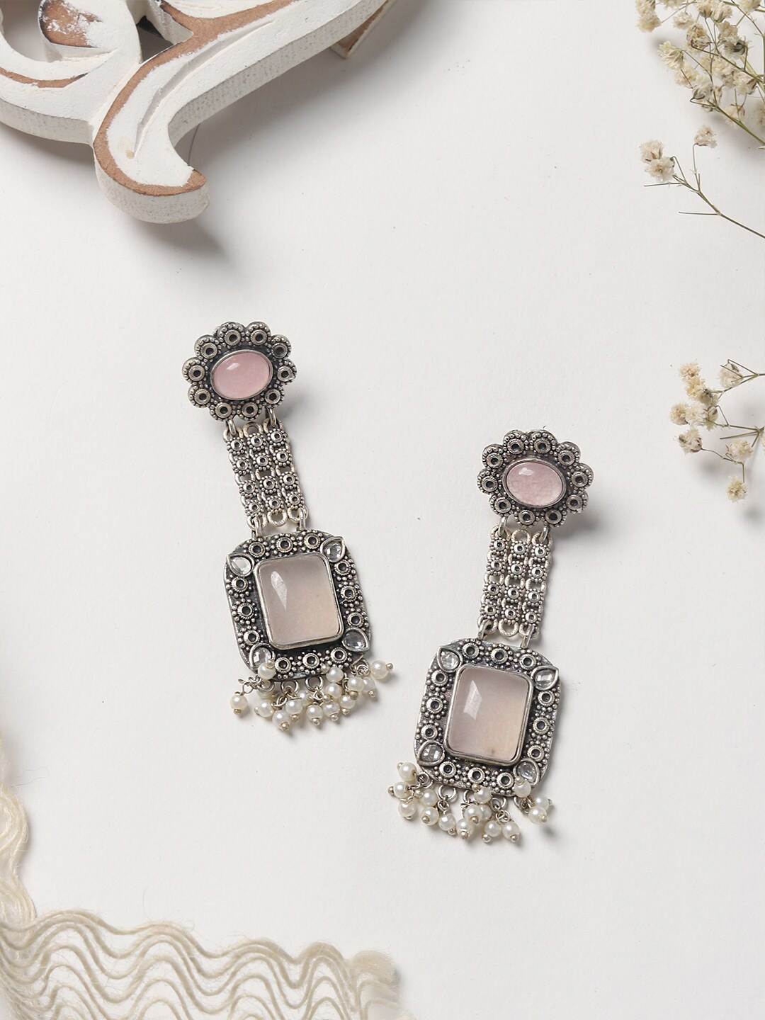 

TEEJH Silver-Plated & Pink Oxidised Contemporary Drop Earrings