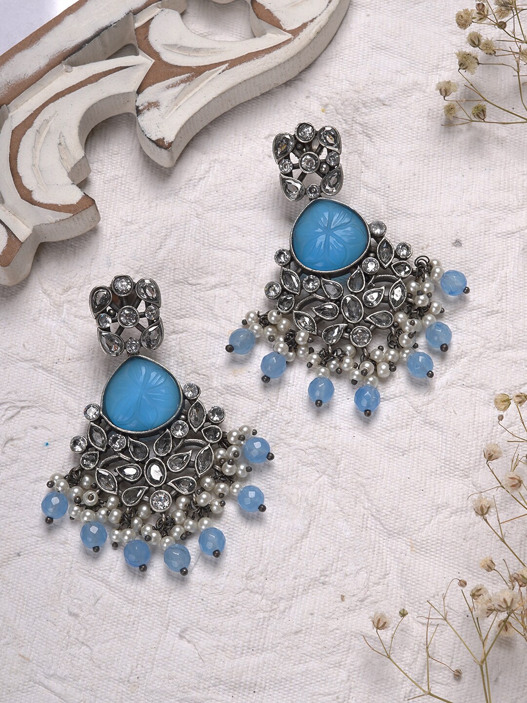 

TEEJH Blue & Silver-Toned Contemporary Stone Studded Oxidised Drop Earrings