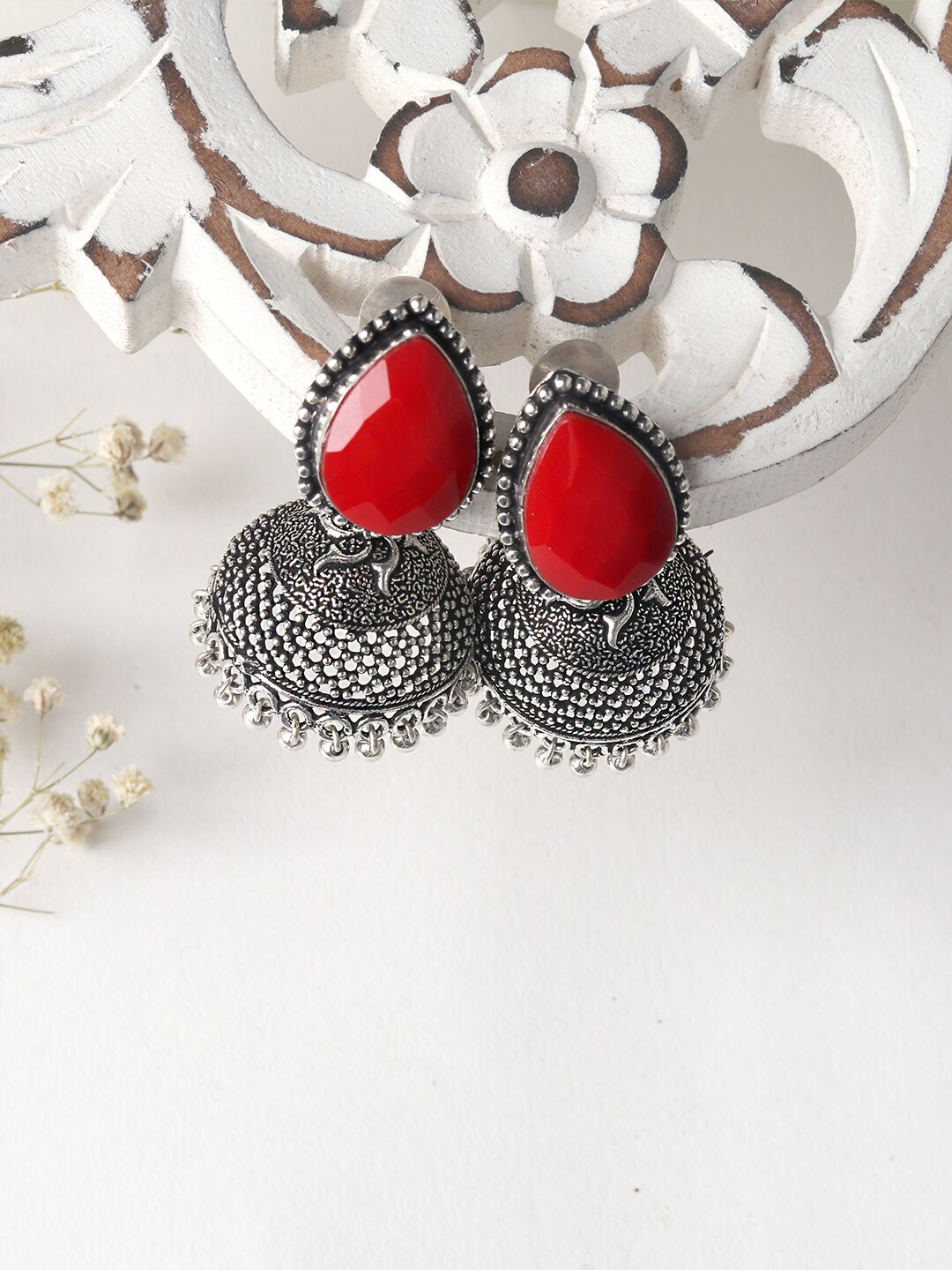 

TEEJH Silver-Plated & Red Teardrop Shaped Jhumkas Earrings