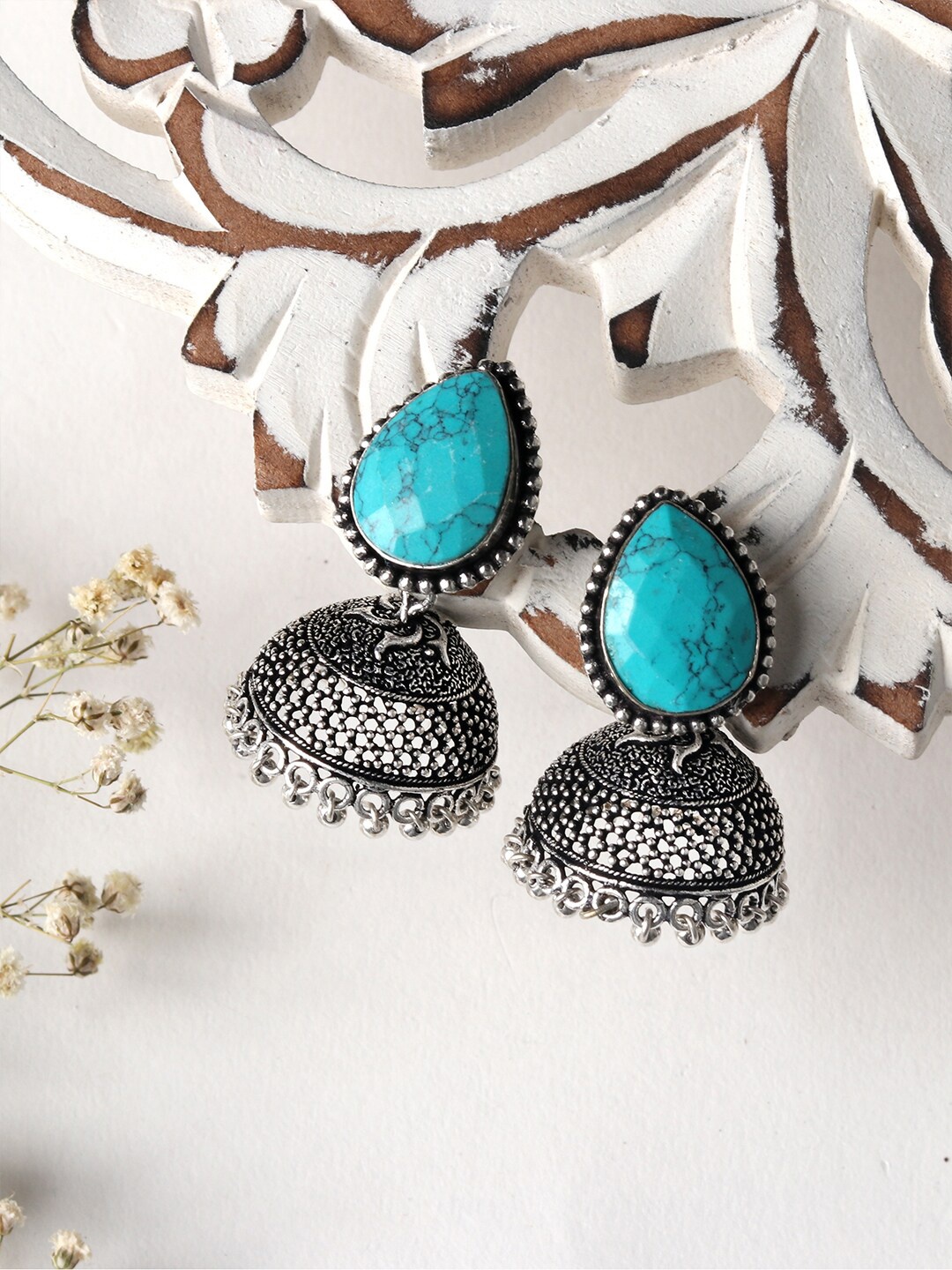 

TEEJH Silver-Toned Contemporary Jhumkas Earrings