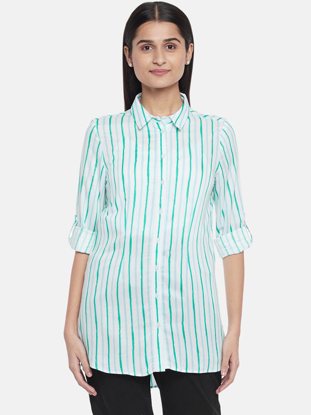 

Honey by Pantaloons Women White & Green Opaque Striped Casual Shirt