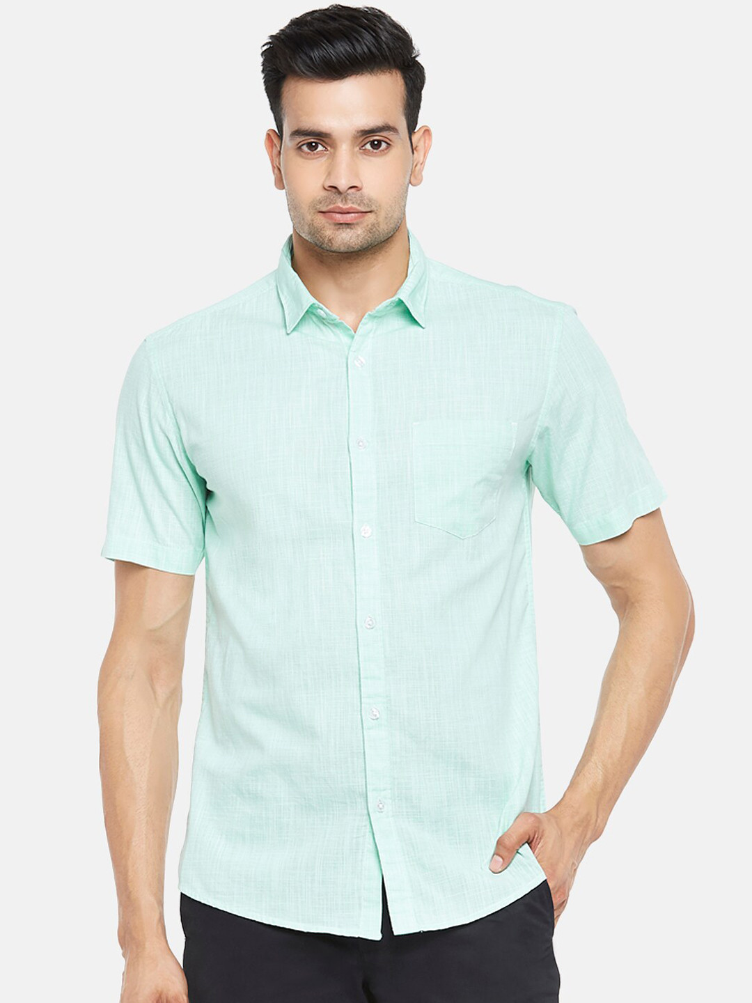 

BYFORD by Pantaloons Men Green Opaque Solid Cotton Casual Shirt