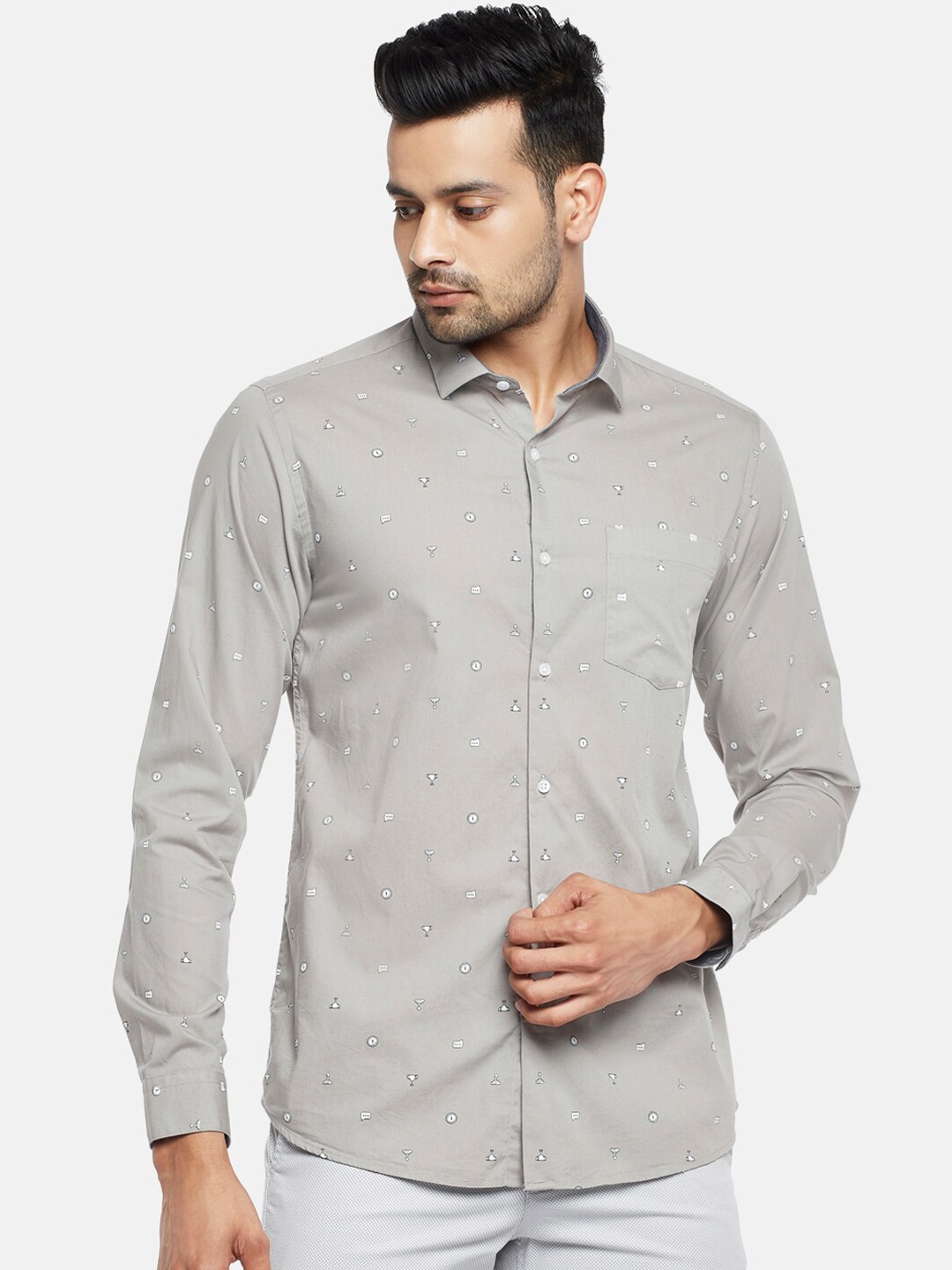 

BYFORD by Pantaloons Men Grey & White Printed Pure Cotton Slim Fit Casual Shirt