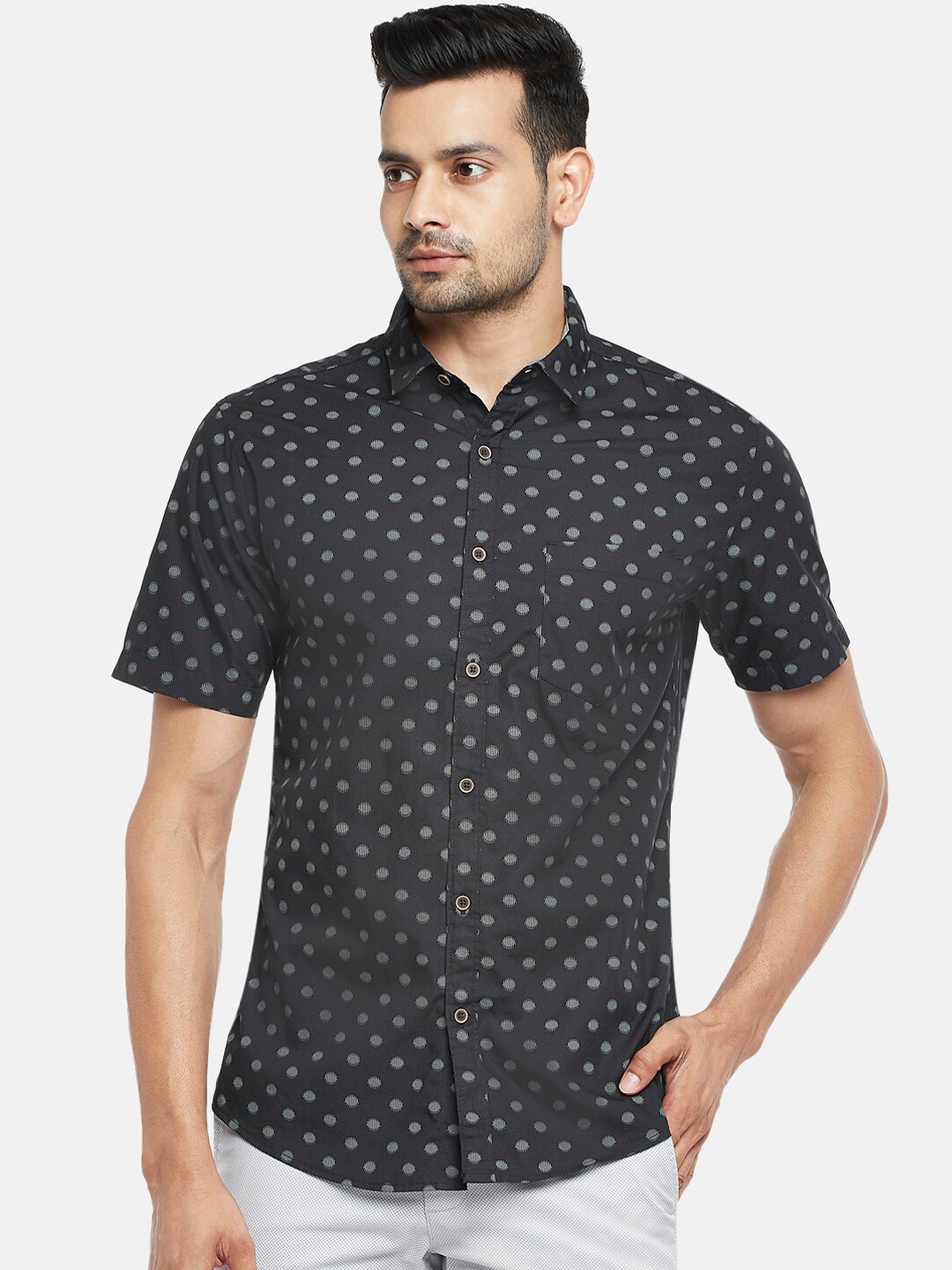 

BYFORD by Pantaloons Men Black Slim Fit Opaque Printed Pure Cotton Casual Shirt