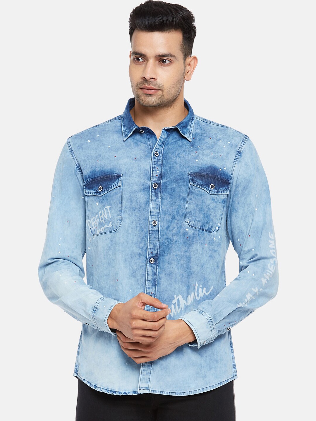 

People Men Blue Slim Fit Faded Opaque Faded Cotton Casual Shirt