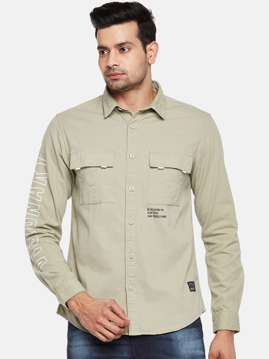 

People Men Cream-Coloured Opaque Pure Cotton Casual Shirt