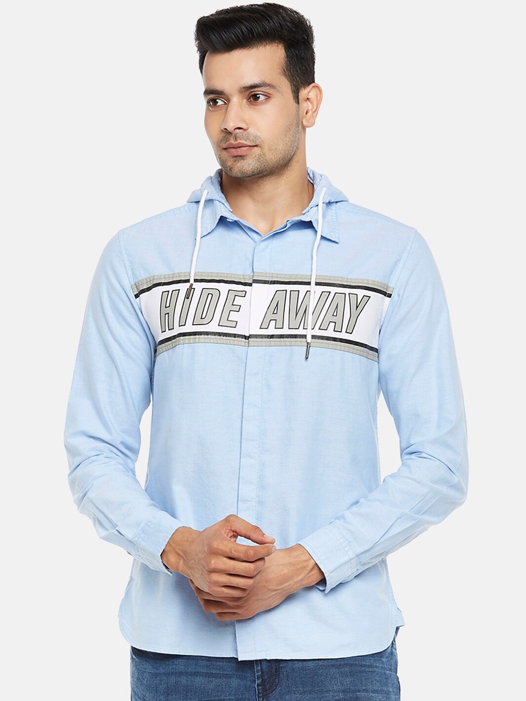 

People Men Blue & White Typography Printed Oxford Pure Cotton Hooded Casual Shirt