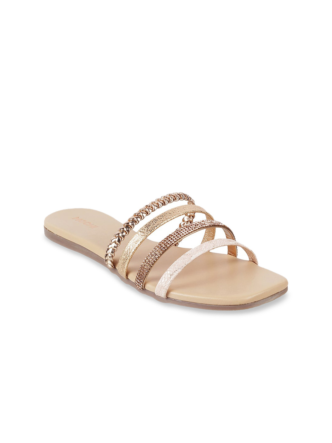 

Mochi Women Gold-Toned Embellished Open Toe Flats