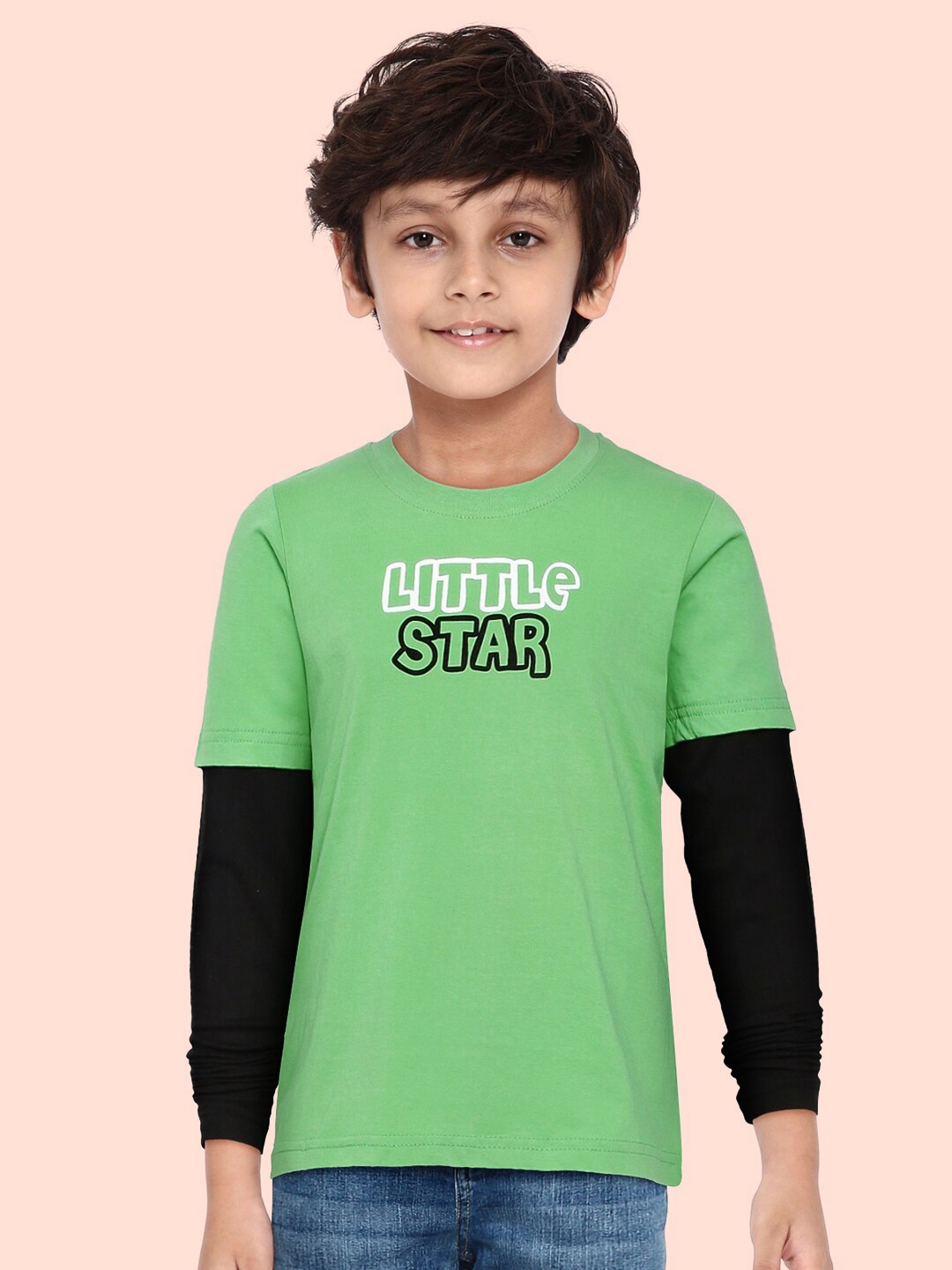 

HERE&NOW Boys Green Typography Printed Layered Sleeves Pure Cotton T-shirt