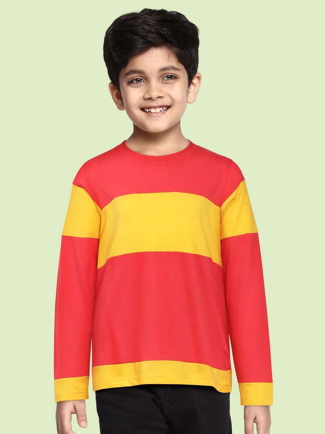

HERE&NOW Boys Coral Pink & Yellow Striped Pure Cotton T-shirt