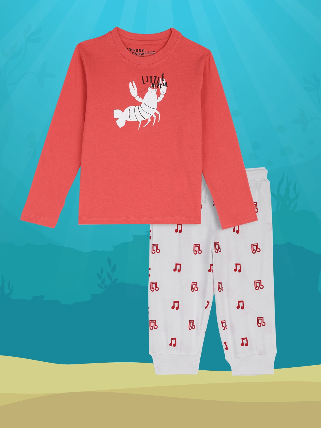 

HERE&NOW Boys Red & White Pure Cotton Printed Night suit