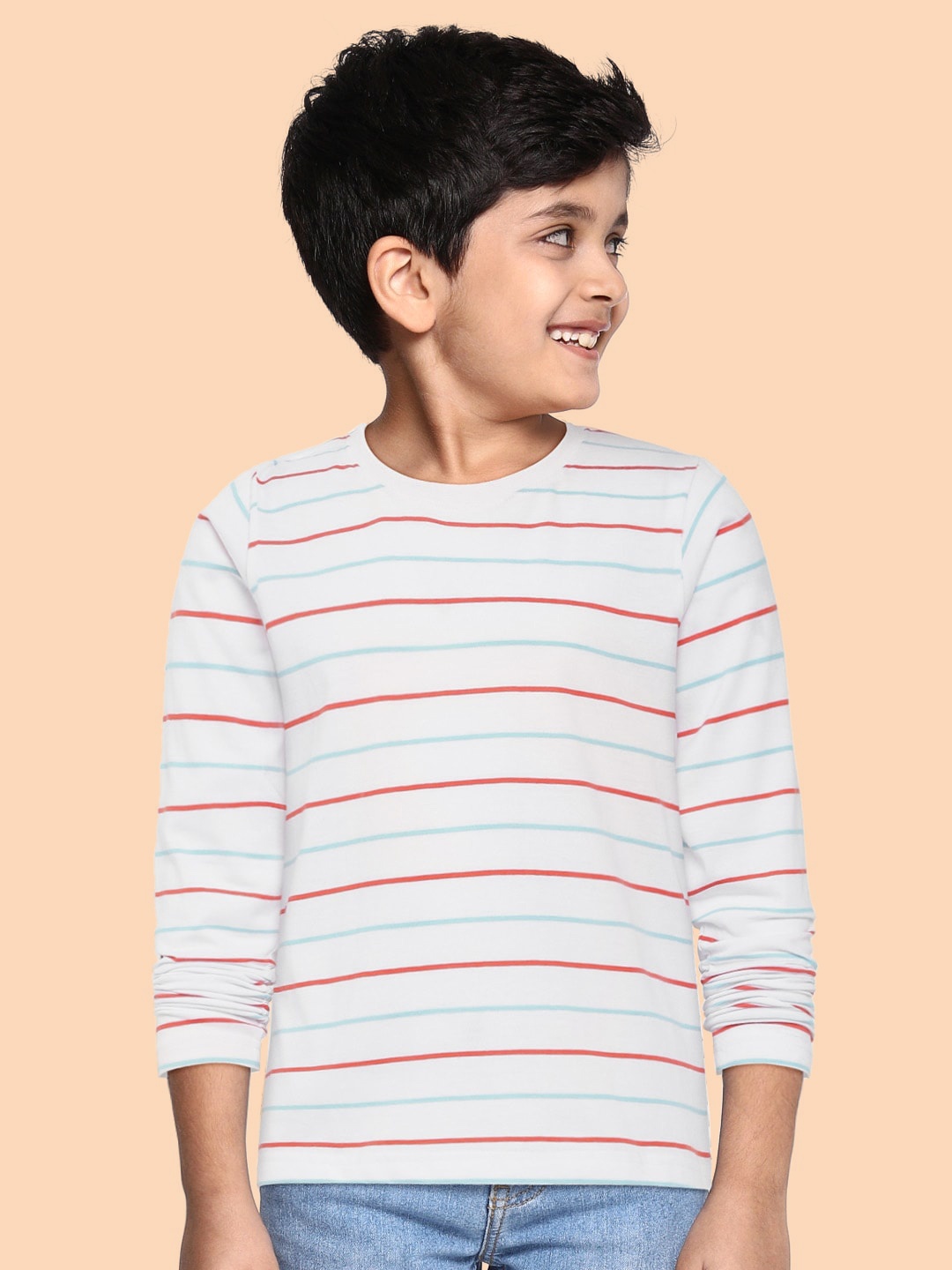 

HERE&NOW Boys White & Red Striped Round Neck T-shirt