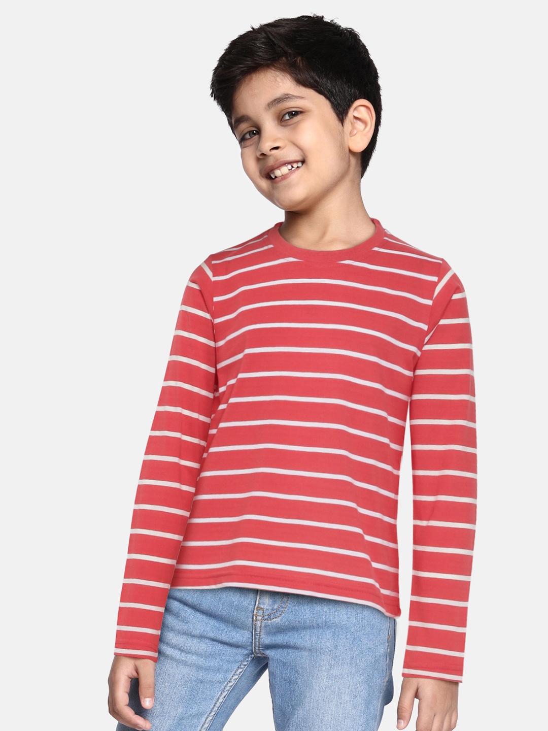 

HERE&NOW Boys Red & White Horizontal Stripes Round Neck Regular Sleeves T-shirt