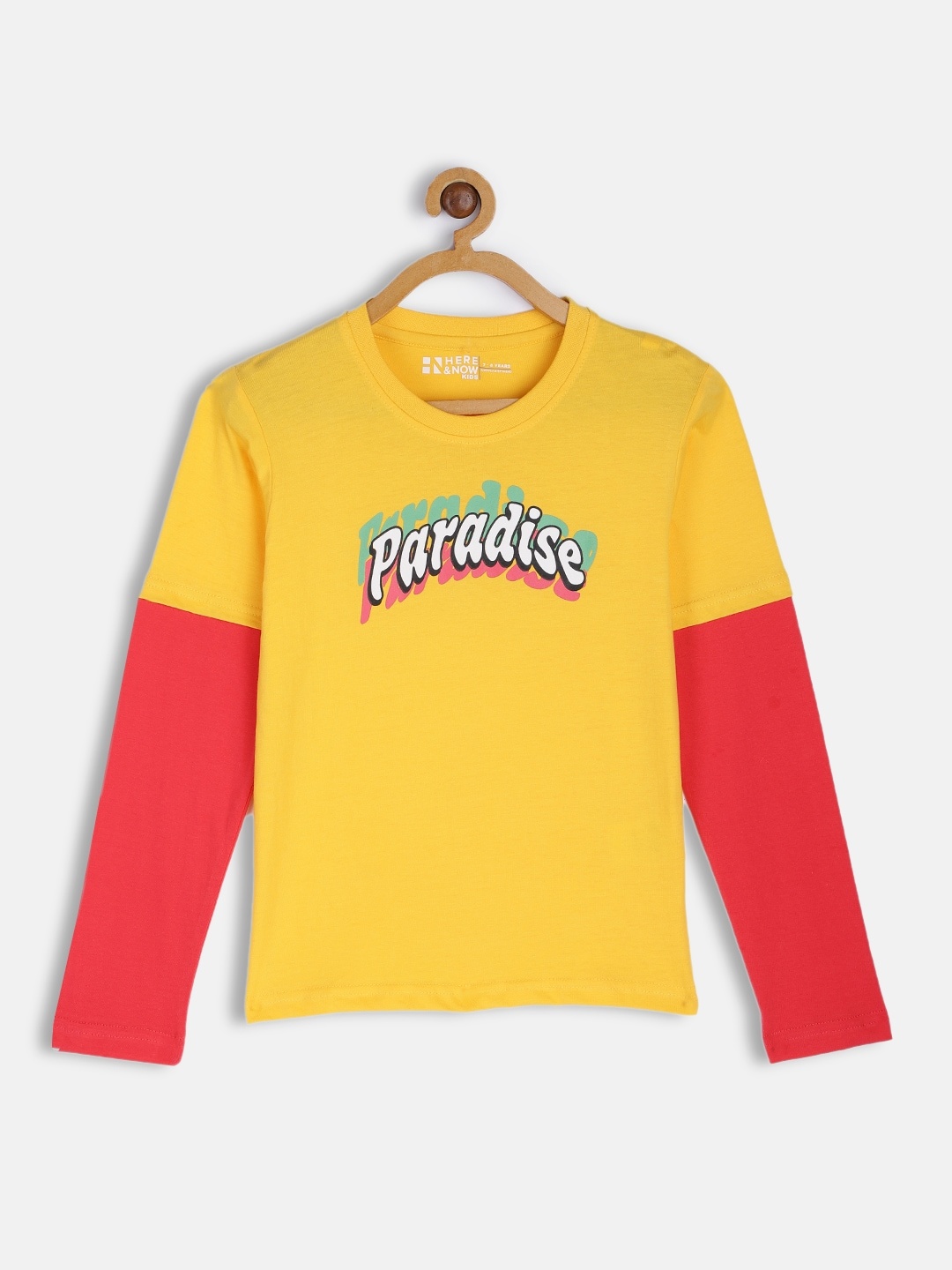 

HERE&NOW Boys Yellow & Red Typography Printed Round Neck Regular Sleeves Cotton T-shirt