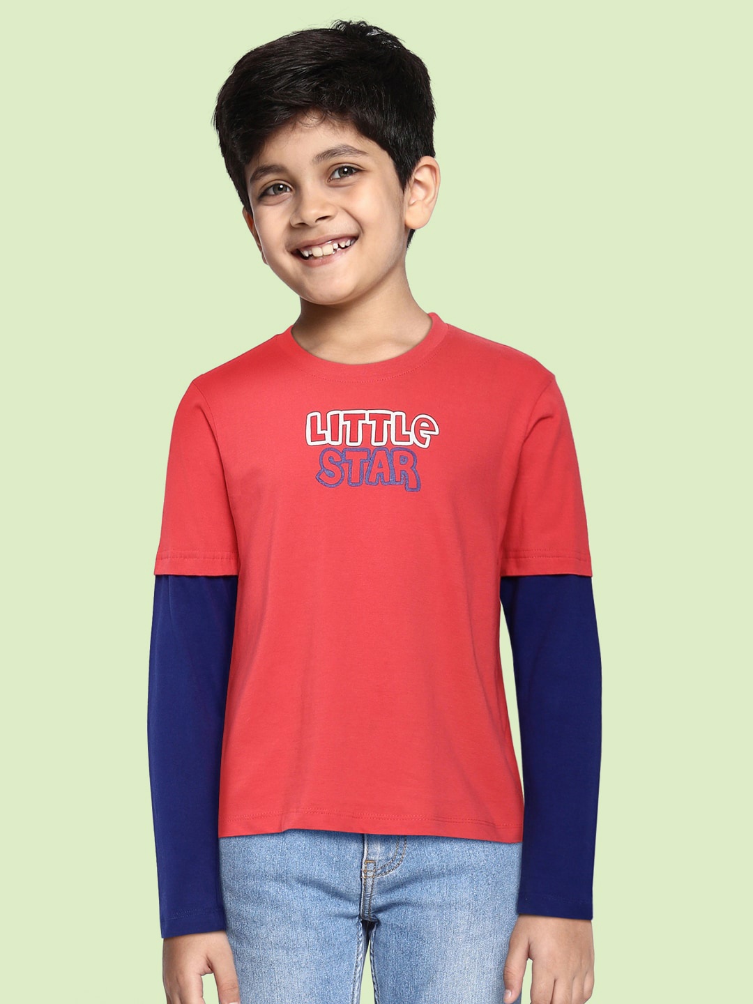 

HERE&NOW Boys Coral Pink Typography Printed Layered Sleeves Pure Cotton T-shirt