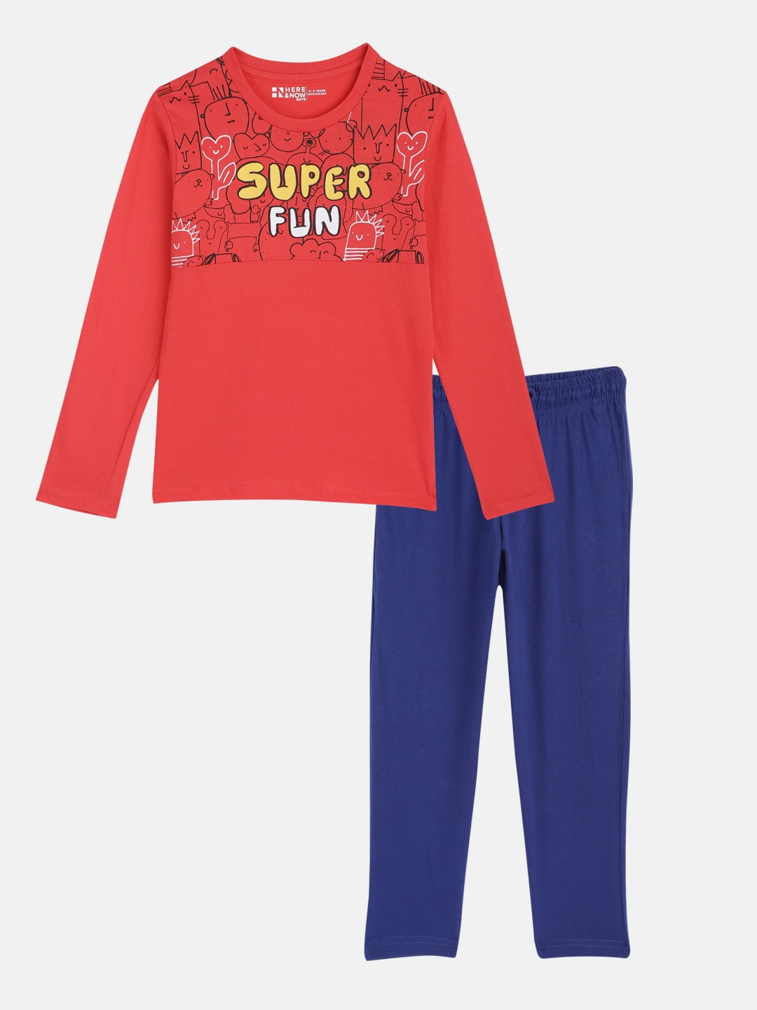 

HERE&NOW Boys Red & Blue Pure Cotton Night Suit