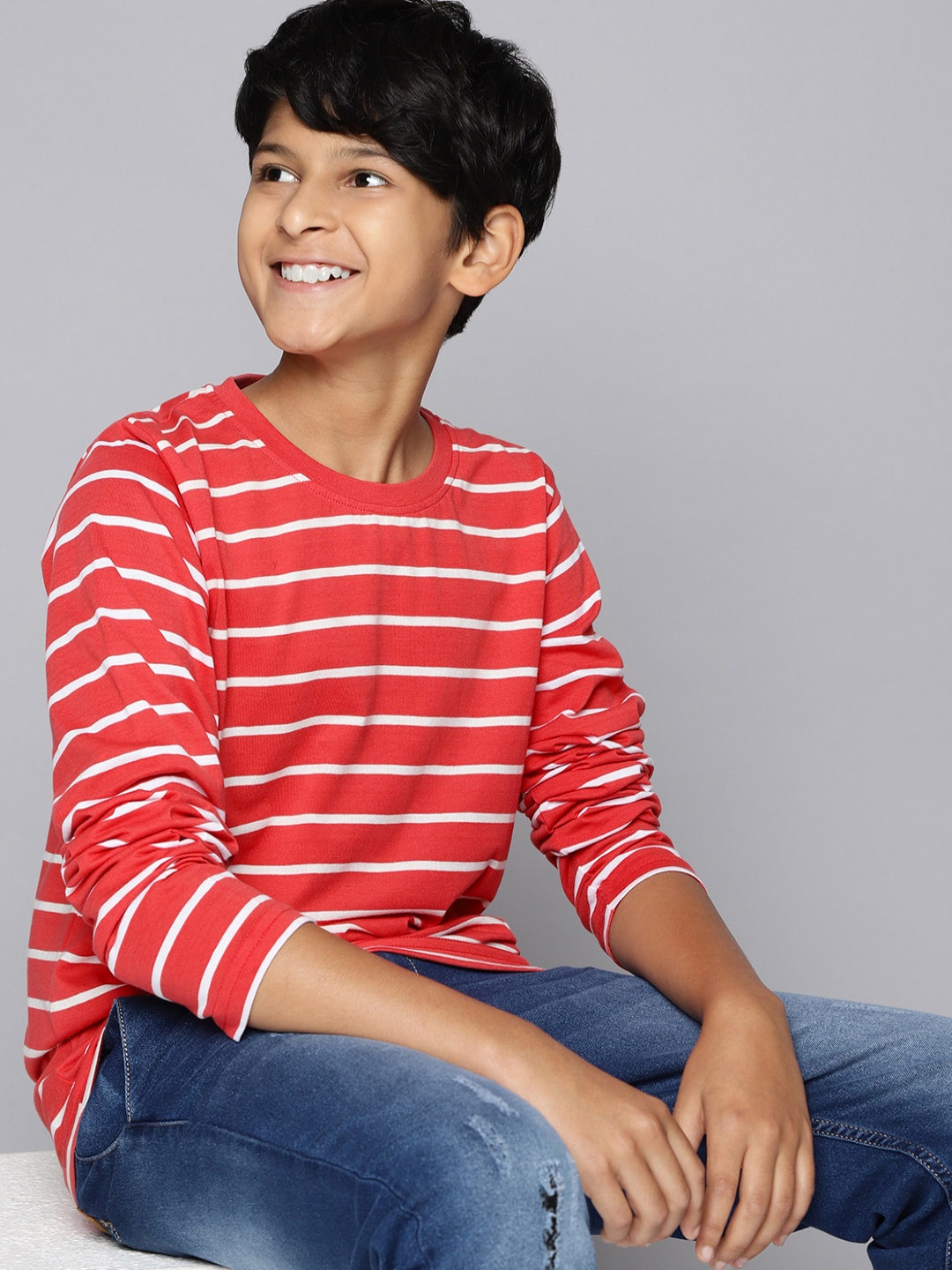 

HERE&NOW Boys Red & White Horizontal Stripes Round Neck Regular Sleeves T-shirt