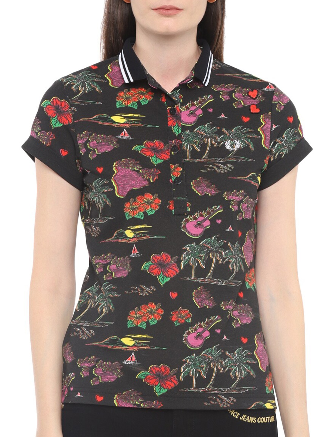 

Fred Perry Women Black Floral Printed Polo Collar Tropical T-shirt