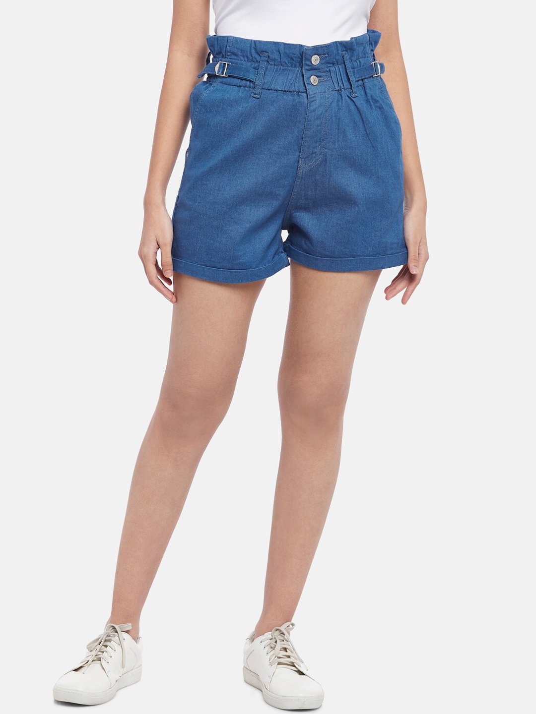 

People Women Blue High-Rise Pure Cotton Denim Shorts
