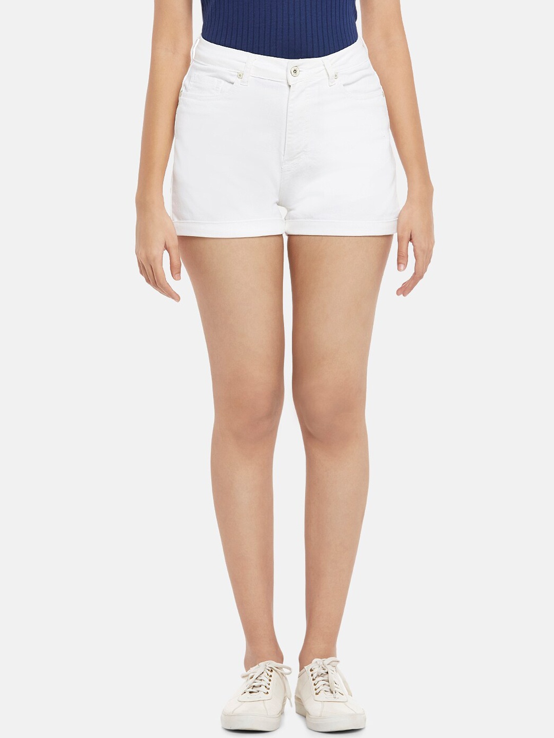 

People Women White Solid High-Rise Pure Cotton Regular Shorts